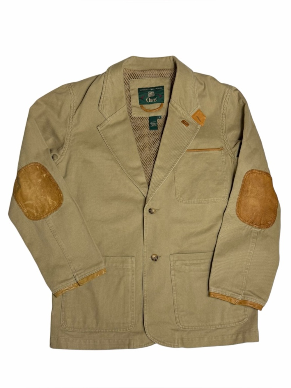 Vtg Orvis Zambezi Field Jacket Tan Khaki Leather Trim Elbow Patches Size Small